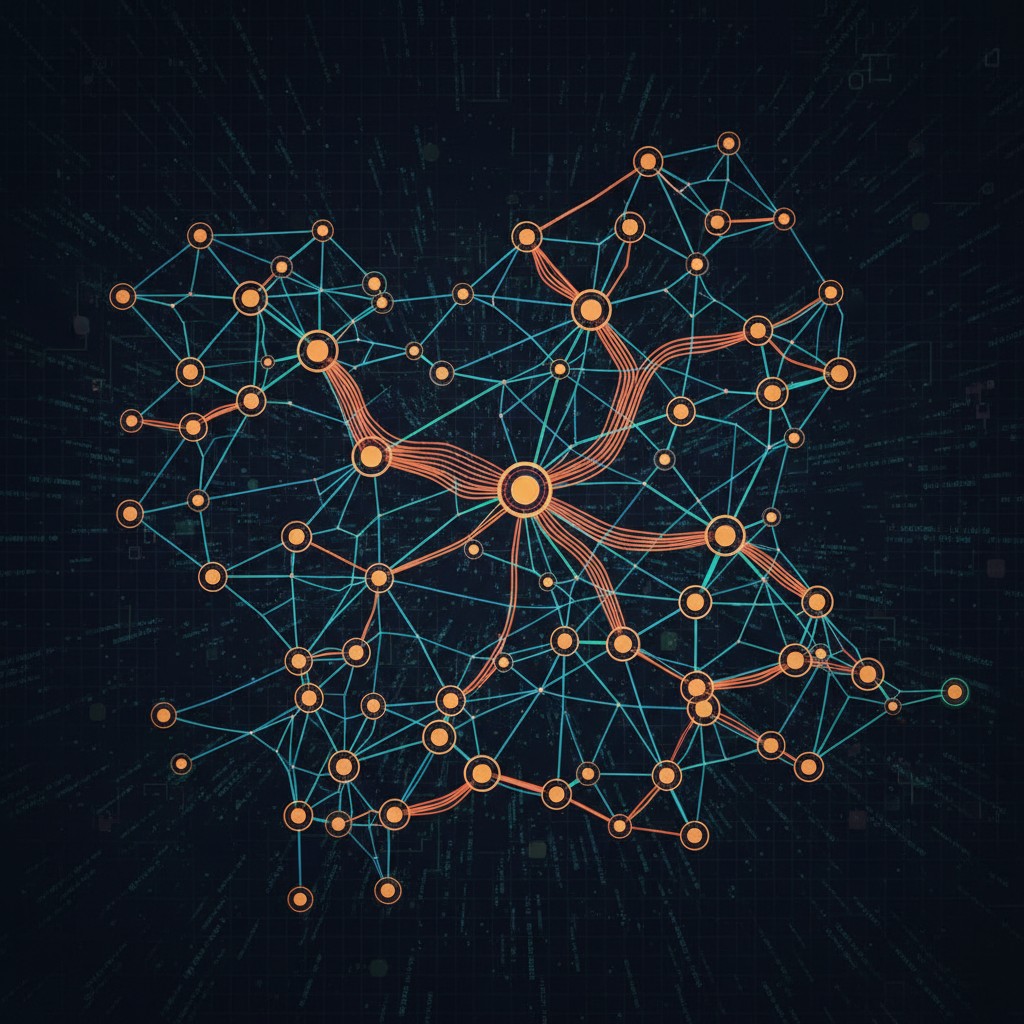 The multi-colored lines and circles symbolic of a network or cluster of nodes on a dark, numerical background.